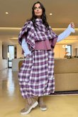 Roberta Plaid Brushed Cotton Balloon Hem Skirt Aubergine